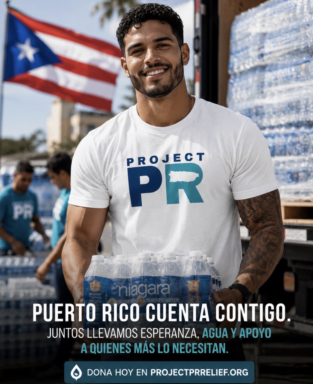 Project PR Relief volunteer in a Project PR Relief tee delivering bottled water in Puerto Rico